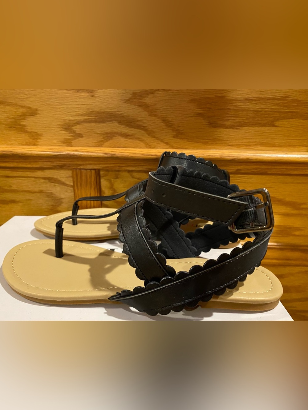 Women's Black Scalloped Strap Sandals